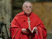 Archbishop Charles Chaput of Philadelphia speaks to members of the U.S. Conference of Catholic Bishops' Region III during their �ad Limina Apostolorum� visit, at the Basilica of Saint Paul Outside the Walls in Rome, on Nov. 27, 2019.